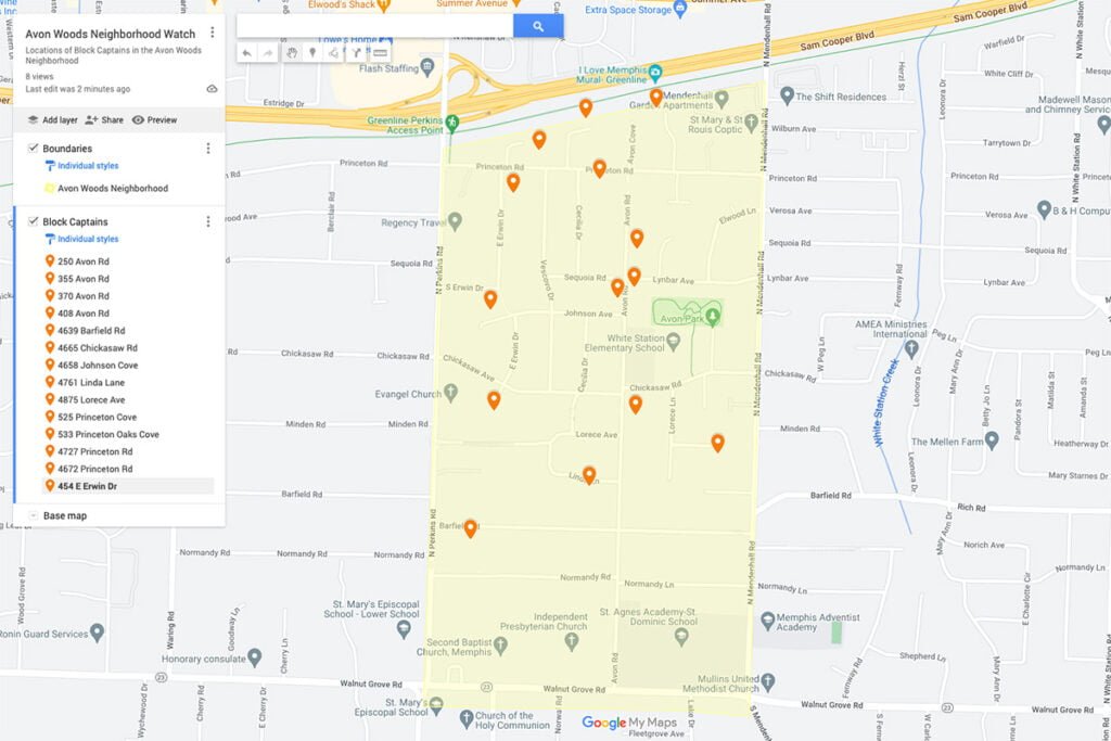 Google Map of Avon Woods neighborhood showing location of 14 block captains