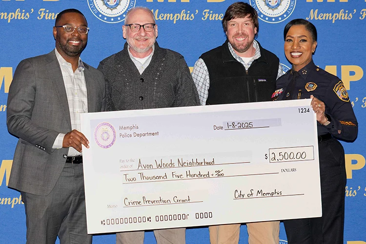 Avon Woods representatives receiving MPD Neighborhood Watch grant check from Memphis Mayor Paul Young and Memphis Police Chief CJ Davis, Jan. 8, 2025