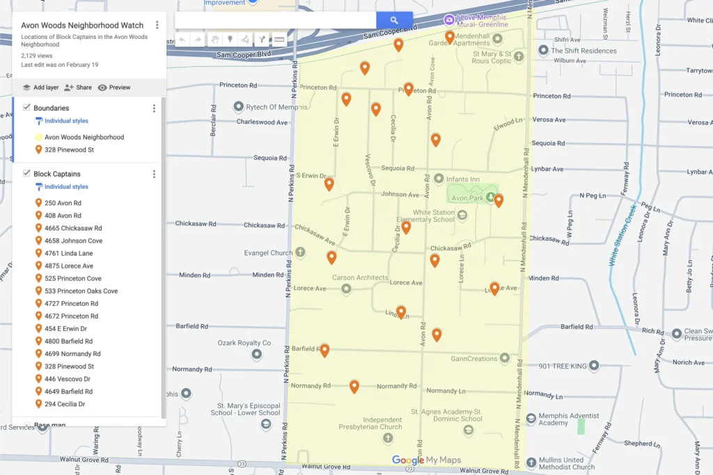 Google map showing locations of Avon Woods Neighborhood Watch Block Captains
