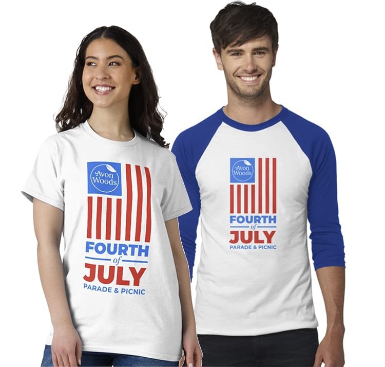 Guy and girl wearing Avon Woods Fourth of July T-shirts
