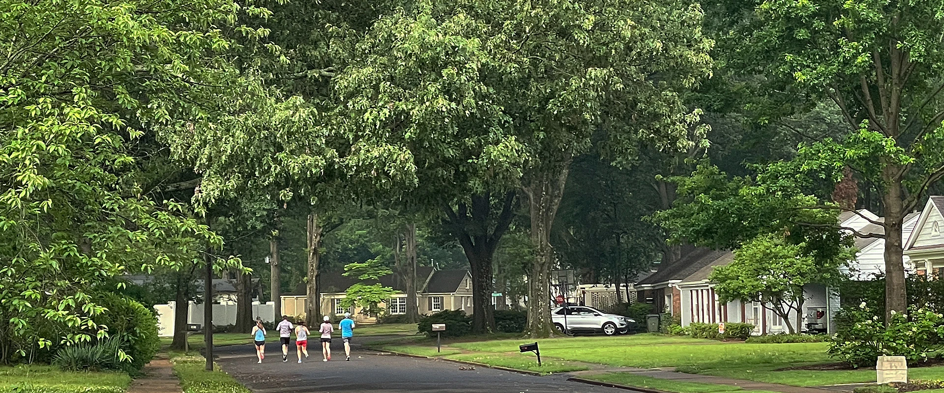 A group of runners running down S. Erwin drive past a row of Avon Woods homes